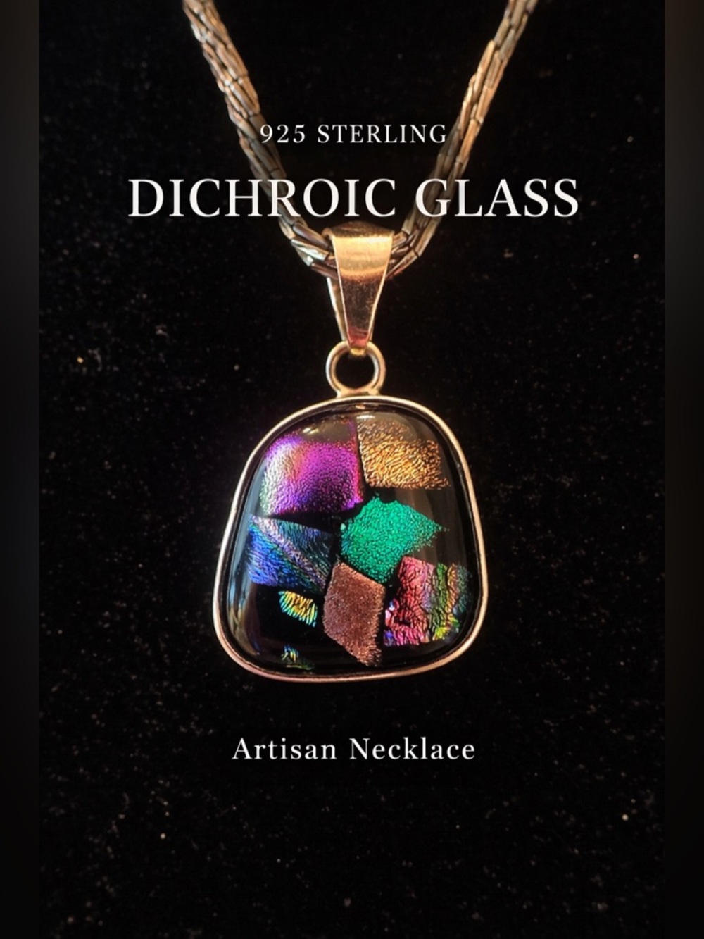 925 Sterling Silver Dichroic Glass Pendant Necklace Iridescent Artisan Statement